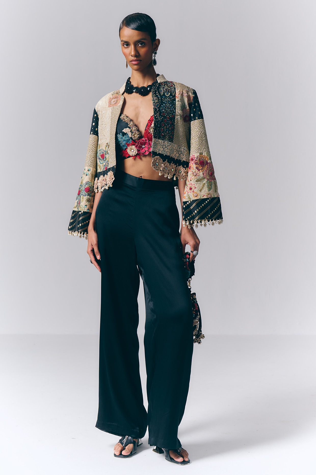 Varun Bahl Black Modal Satin Floral Embroidered Co-Ord Set
