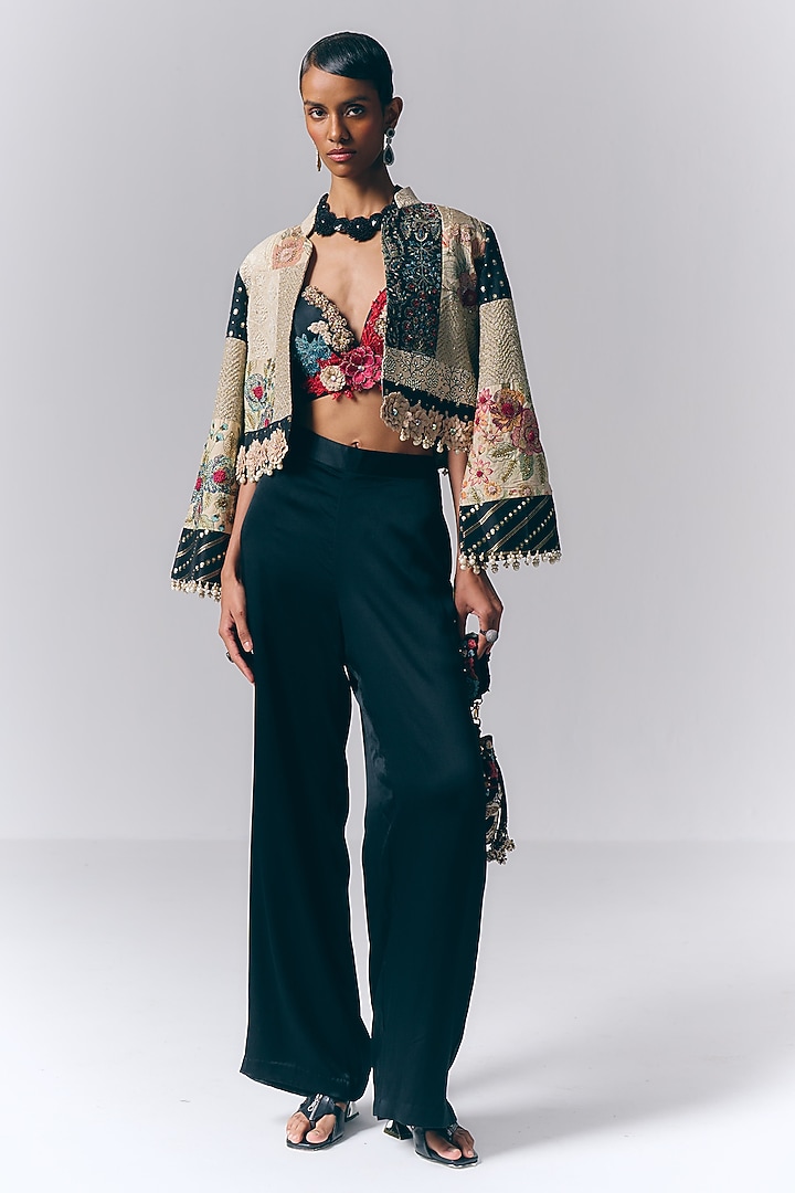 Black Modal Satin Floral Embroidered Co-Ord Set by Varun Bahl at Pernia's Pop Up Shop