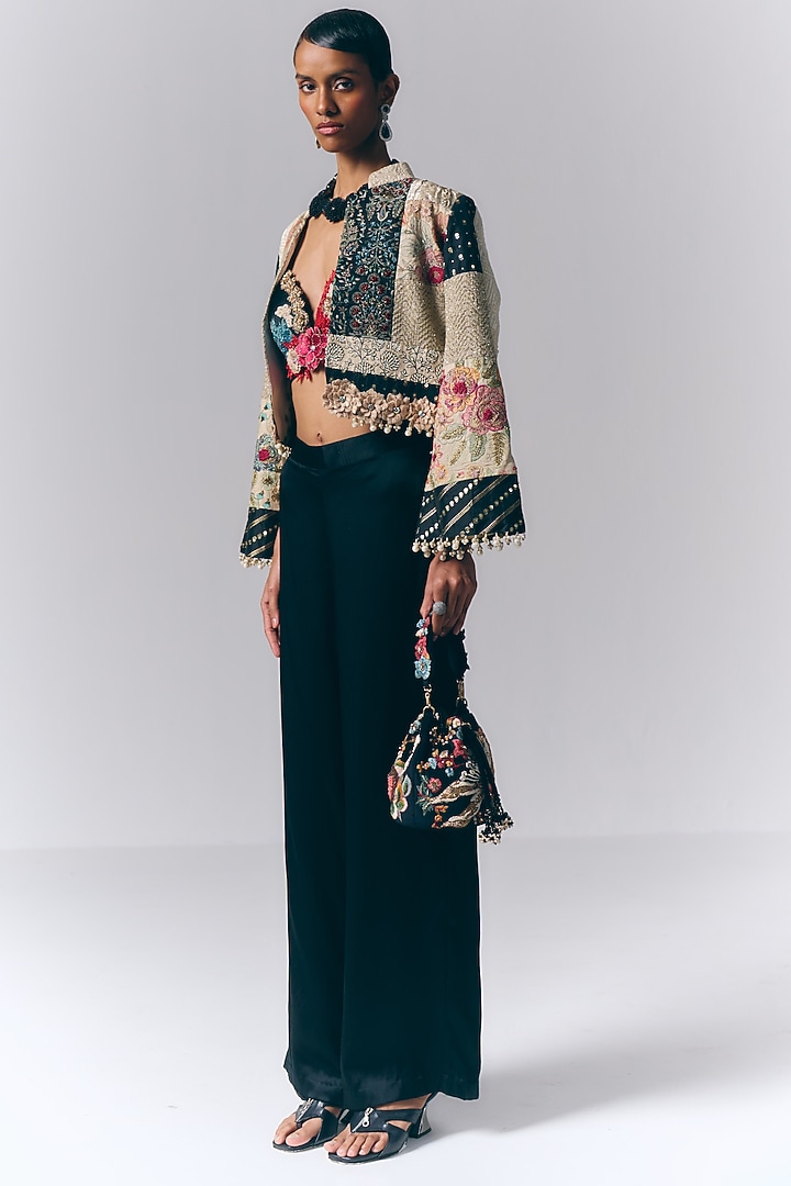 Black Modal Satin Floral Embroidered Co-Ord Set by Varun Bahl at Pernia's Pop Up Shop