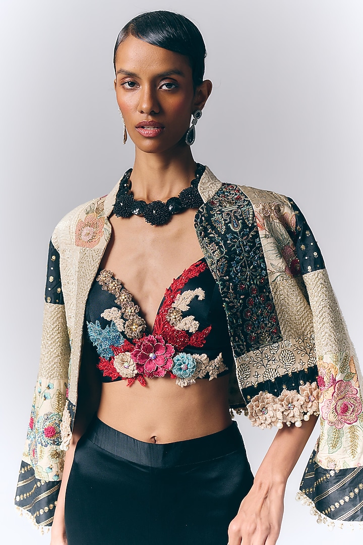 Black Modal Satin Floral Embroidered Co-Ord Set by Varun Bahl at Pernia's Pop Up Shop