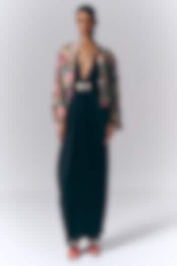 Black Net Floral Embellished Draped Wedding Gown With Jacket by Varun Bahl at Pernia's Pop Up Shop