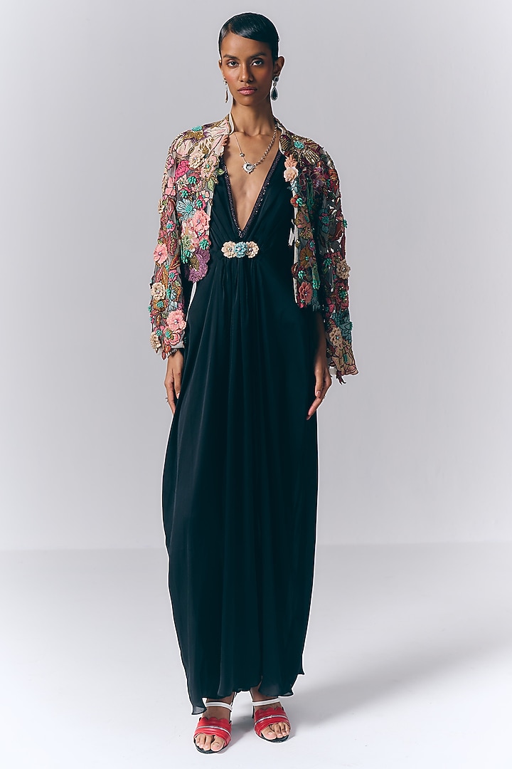 Black Net Floral Embellished Draped Wedding Gown With Jacket by Varun Bahl at Pernia's Pop Up Shop