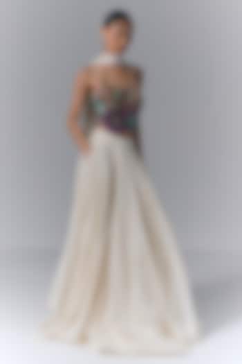 Ivory Net & Chanderi Floral Embroidered Asymmetrical Skirt Set by Varun Bahl at Pernia's Pop Up Shop