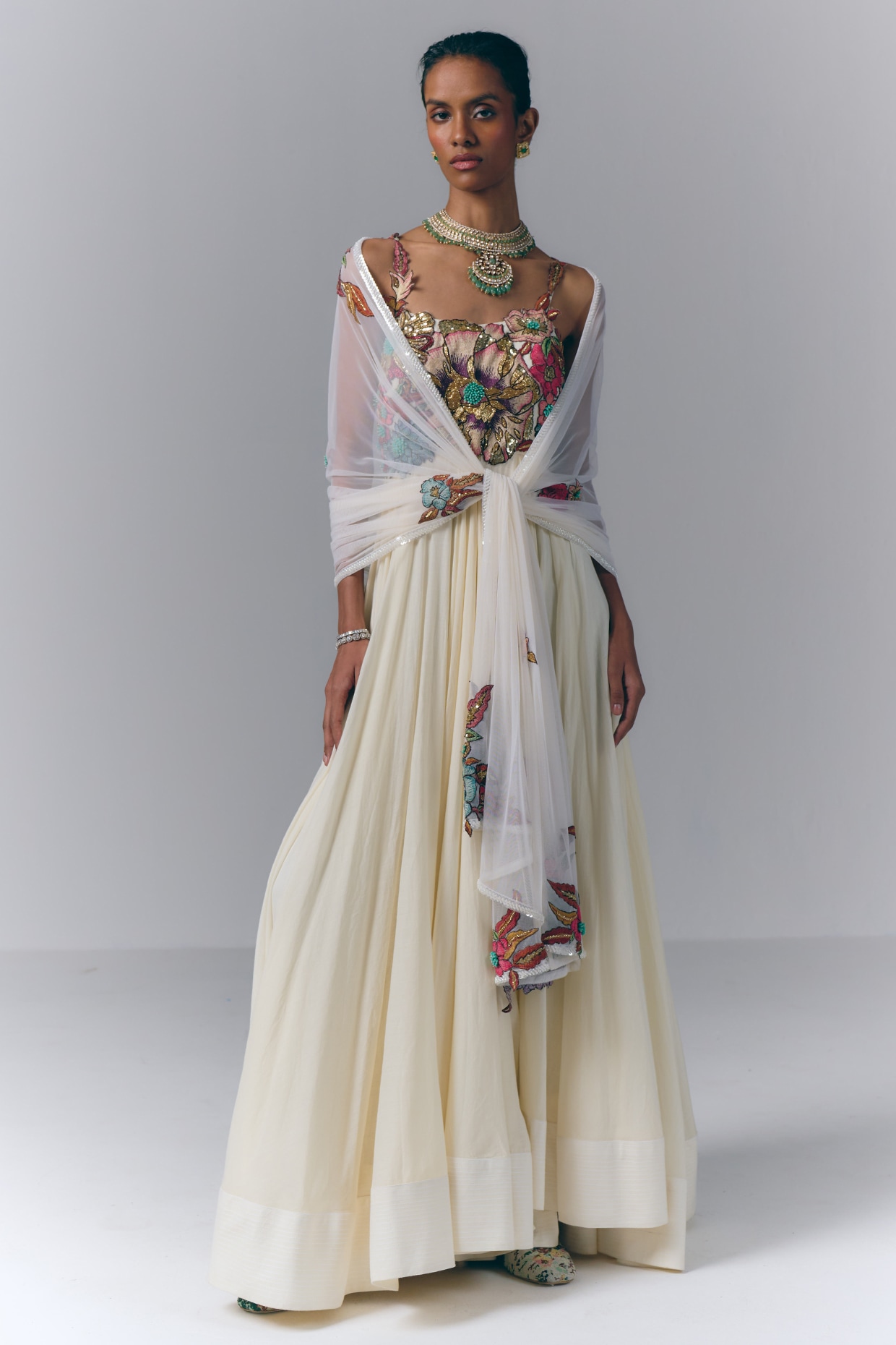 Varun Bahl Ivory Mulmul Hand Embellished Anarkali With Dupatta