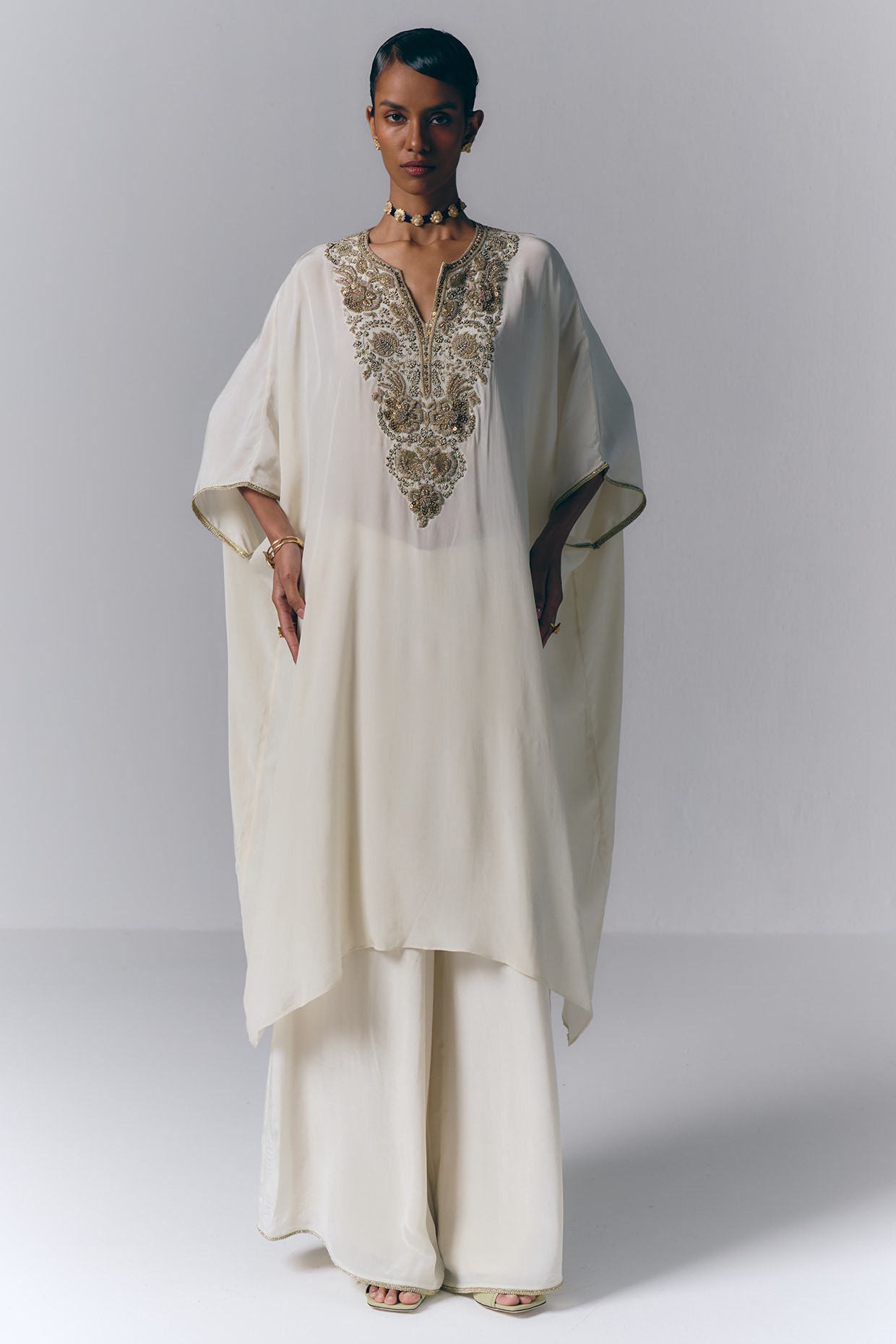 Varun Bahl Ivory Satin Embroidered Kaftan Set