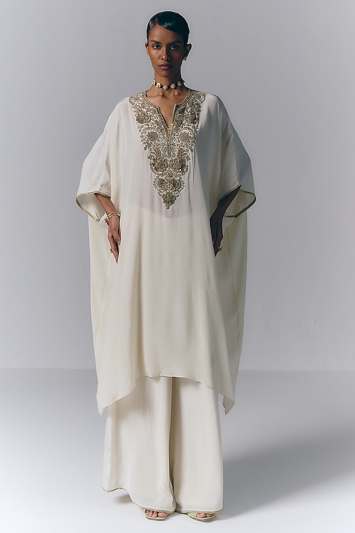 Ivory Satin Embroidered Kaftan Set by Varun Bahl at Pernia's Pop Up Shop