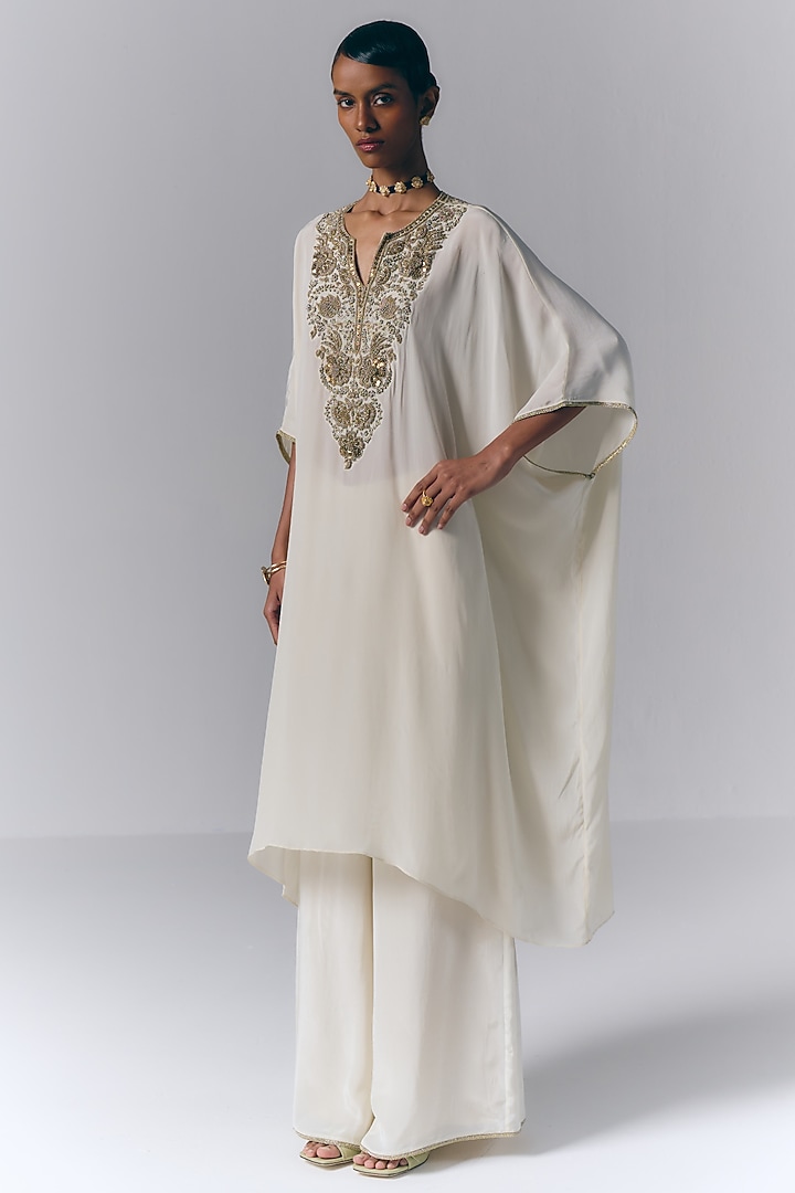 Ivory Satin Embroidered Kaftan Set by Varun Bahl at Pernia's Pop Up Shop