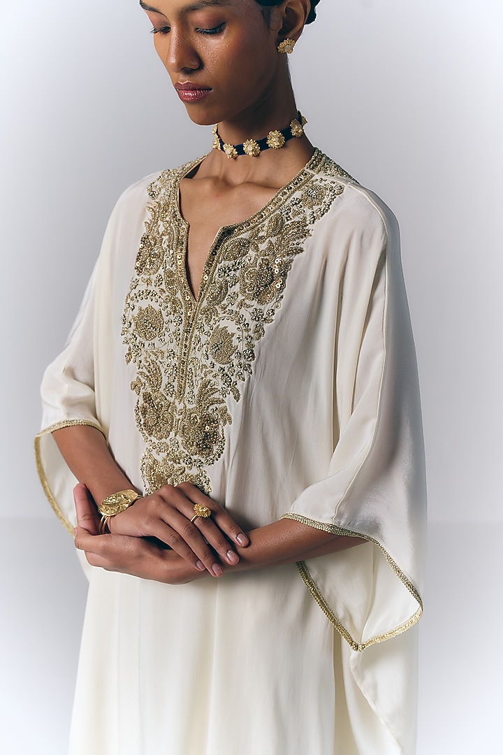 Ivory Satin Embroidered Kaftan Set by Varun Bahl at Pernia's Pop Up Shop