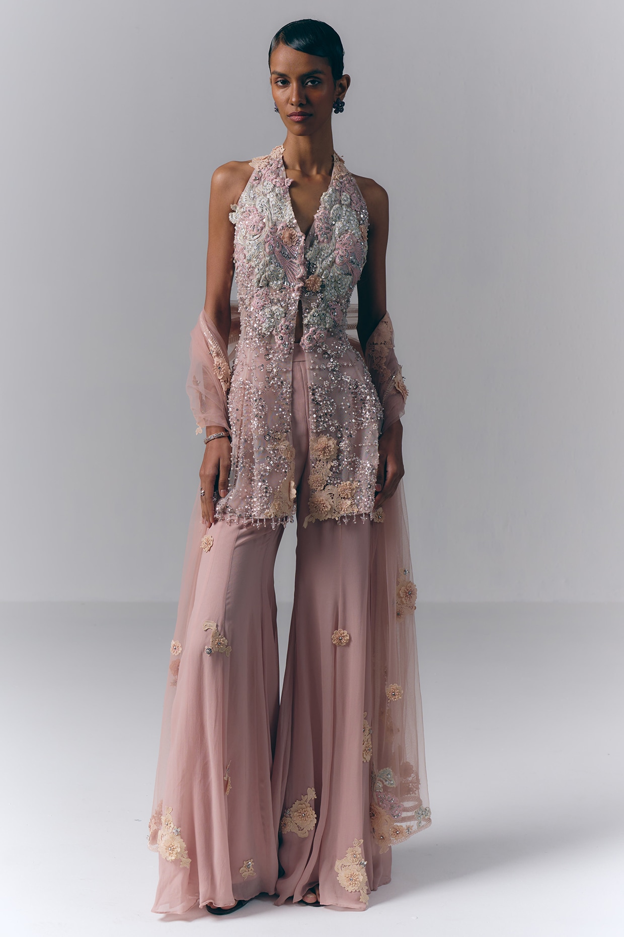 Varun Bahl Blush Pink Satin Hand Embellished Sharara Set