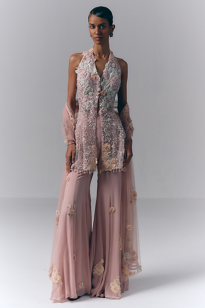 Blush Pink Satin Hand Embellished Bridal Sharara Set by Varun Bahl at Pernia's Pop Up Shop