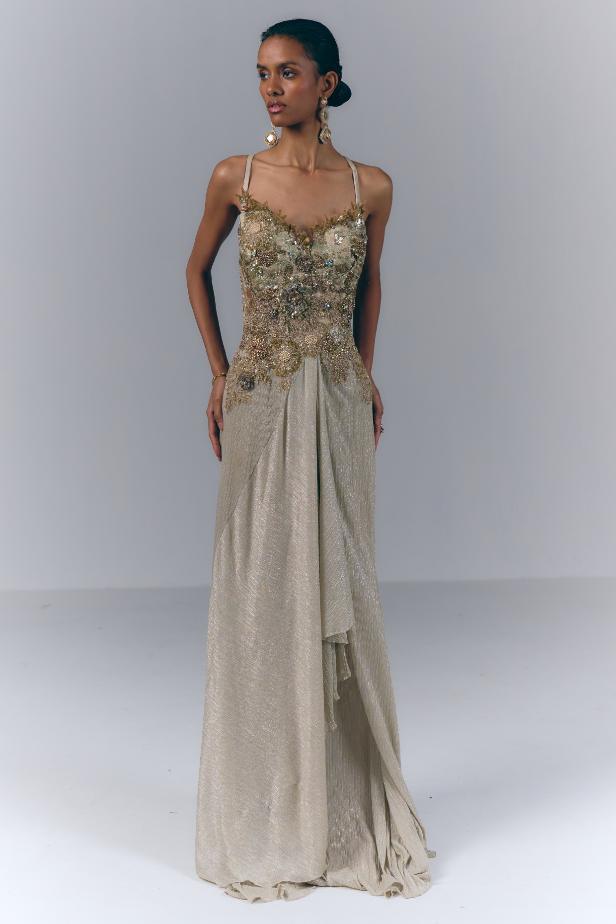 Varun Bahl Champagne Gold Net Hand Embroidered Gown