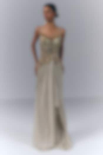 Champagne Gold Net Hand Embroidered Bridal Gown by Varun Bahl at Pernia's Pop Up Shop