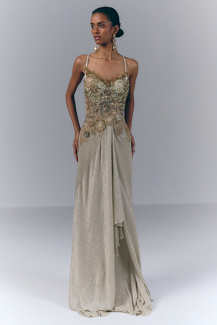 Champagne Gold Net Hand Embroidered Bridal Gown by Varun Bahl at Pernia's Pop Up Shop