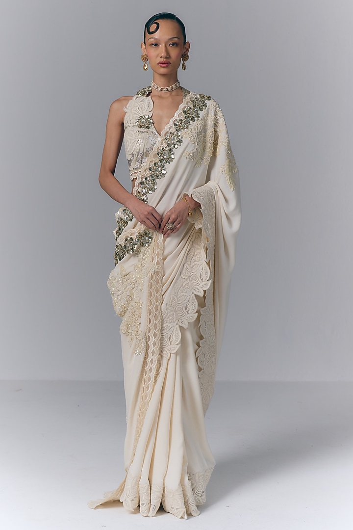 Ivory Crepe Sequins Embellished Reception Saree Set by Varun Bahl at Pernia's Pop Up Shop