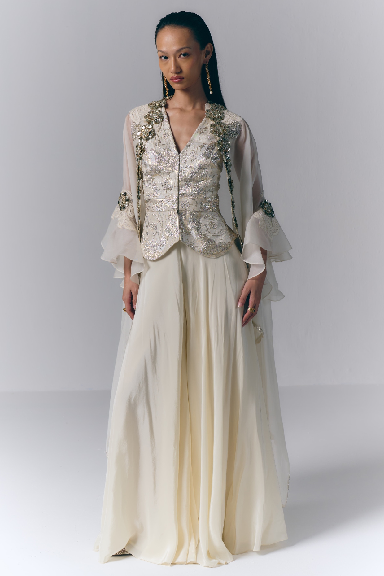 Varun Bahl Ivory Brocade Thread Embellished Cape Set