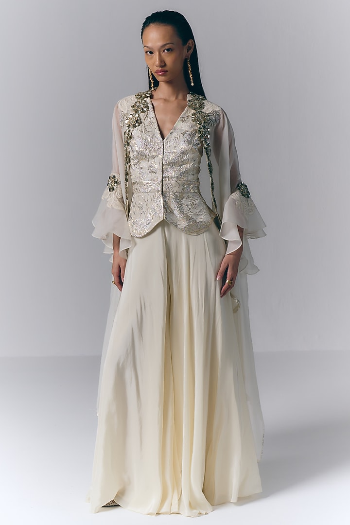 Ivory Brocade Thread Embellished Cape Set by Varun Bahl at Pernia's Pop Up Shop