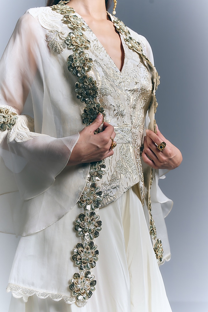Ivory Brocade Thread Embellished Cape Set by Varun Bahl at Pernia's Pop Up Shop