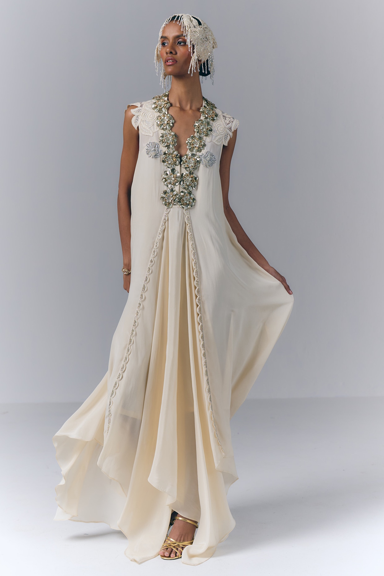 Varun Bahl Ivory Viscose Crepe Floral Applique Work Asymmetrical Dress