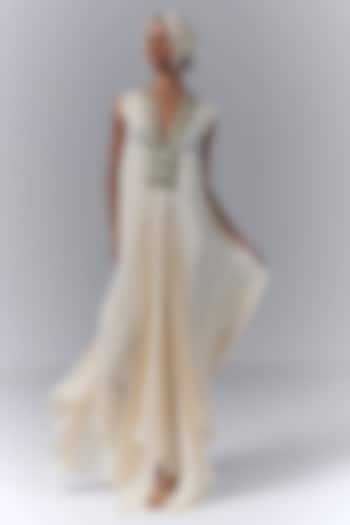 Ivory Viscose Crepe Floral Applique Work Asymmetrical Cocktail Dress by Varun Bahl at Pernia's Pop Up Shop