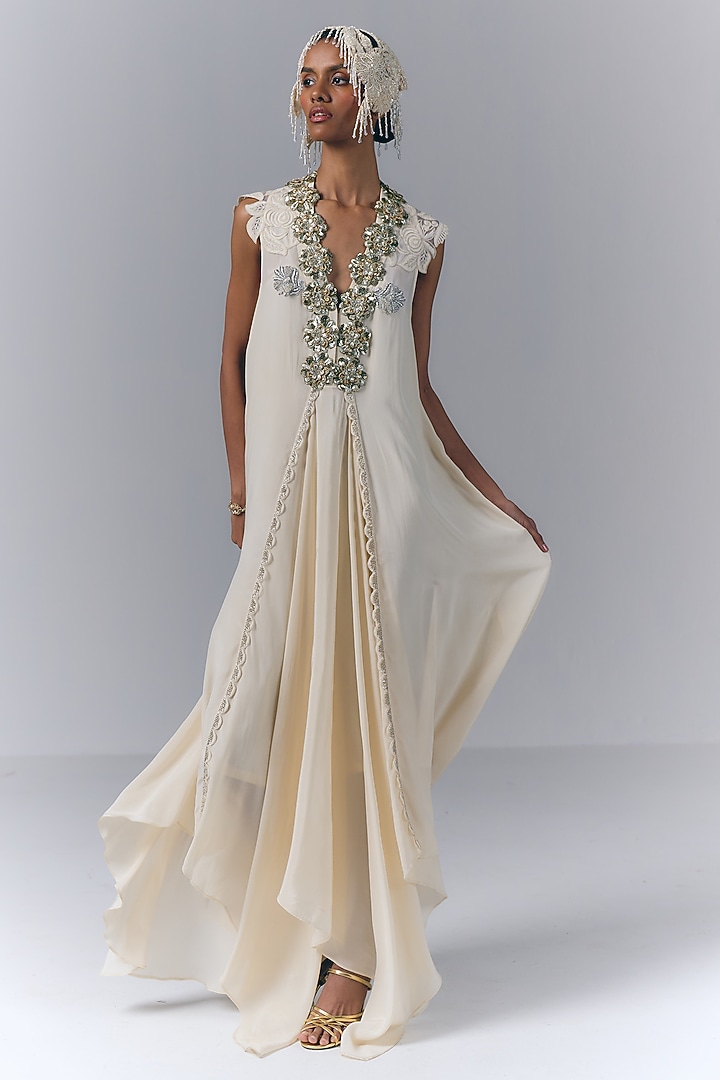 Ivory Viscose Crepe Floral Applique Work Asymmetrical Cocktail Dress by Varun Bahl at Pernia's Pop Up Shop