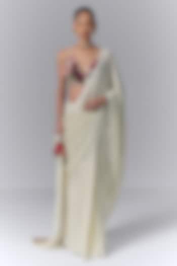 Ivory Satin Chiffon Hand Embellished Wedding Saree Set by Varun Bahl at Pernia's Pop Up Shop