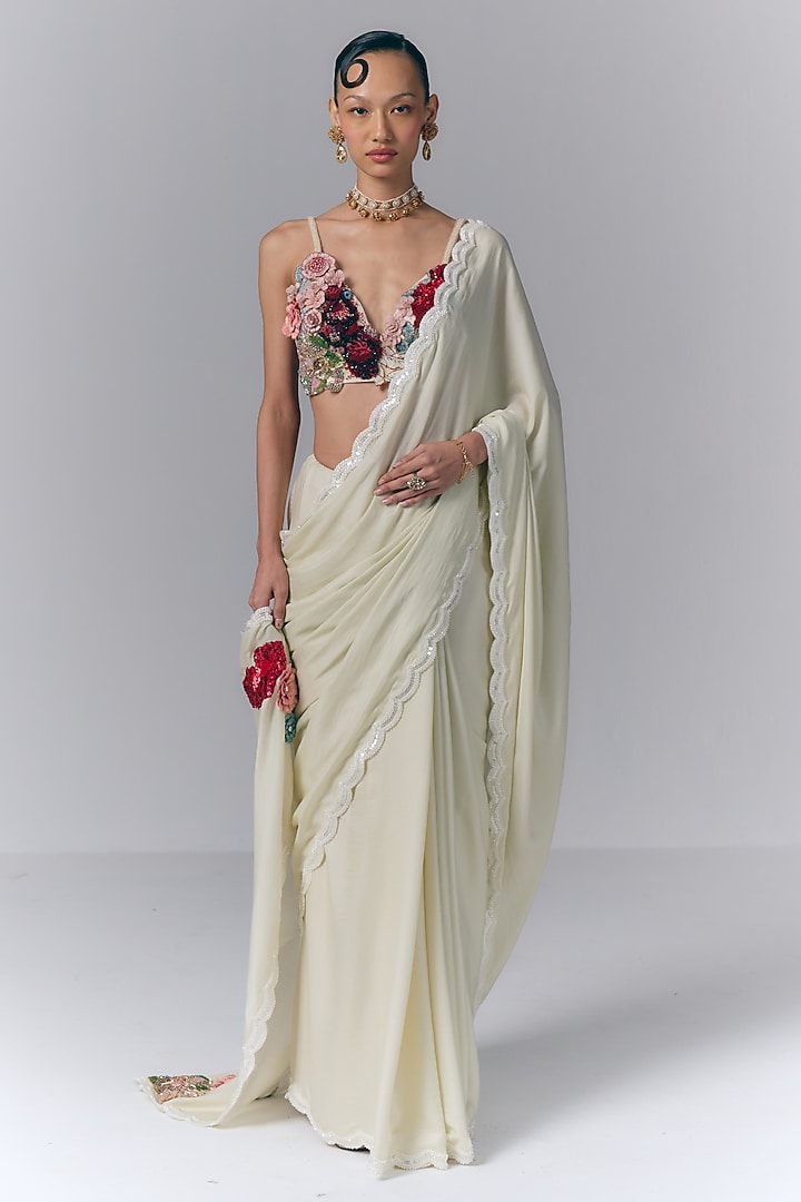 Ivory Satin Chiffon Hand Embellished Wedding Saree Set by Varun Bahl at Pernia's Pop Up Shop