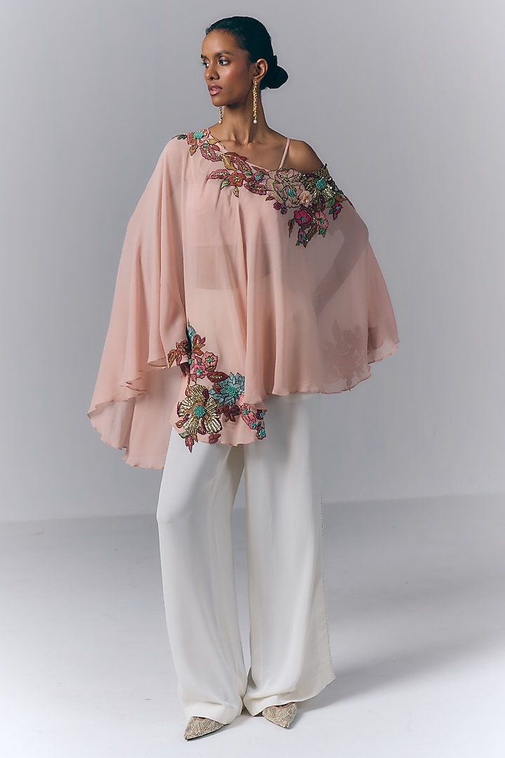 Peach Georgette Hand Embroidered Kaftan Set by Varun Bahl at Pernia's Pop Up Shop