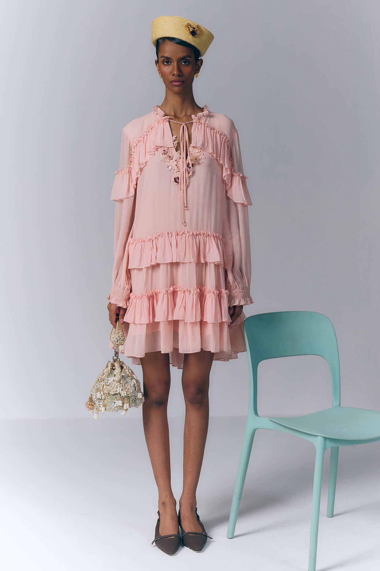 Varun Bahl Blush Pink Viscose Georgette Applique Work Ruffled Dress