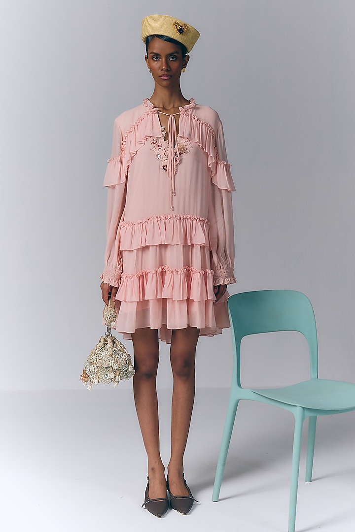 Blush Pink Viscose Georgette Applique Work Ruffled Vacation Dress by Varun Bahl at Pernia's Pop Up Shop