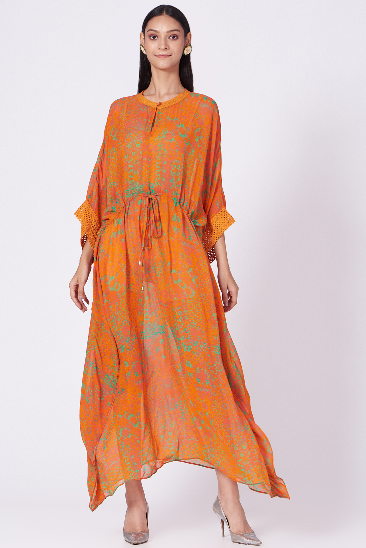 Tangerine Georgette Printed Long Kaftan  by Varun Bahl Pret at Pernia's Pop Up Shop