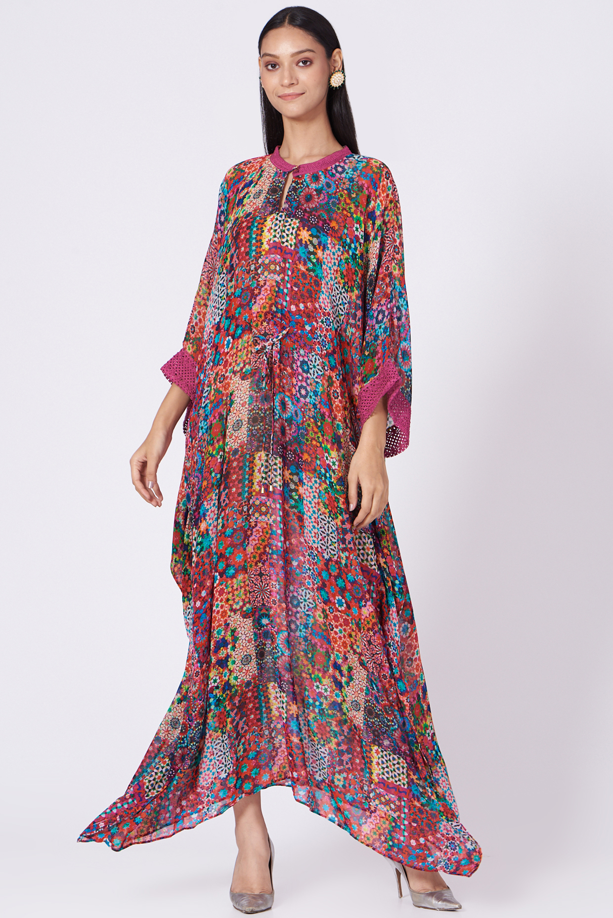 Pink Georgette Printed Long Kaftan  by Varun Bahl Pret