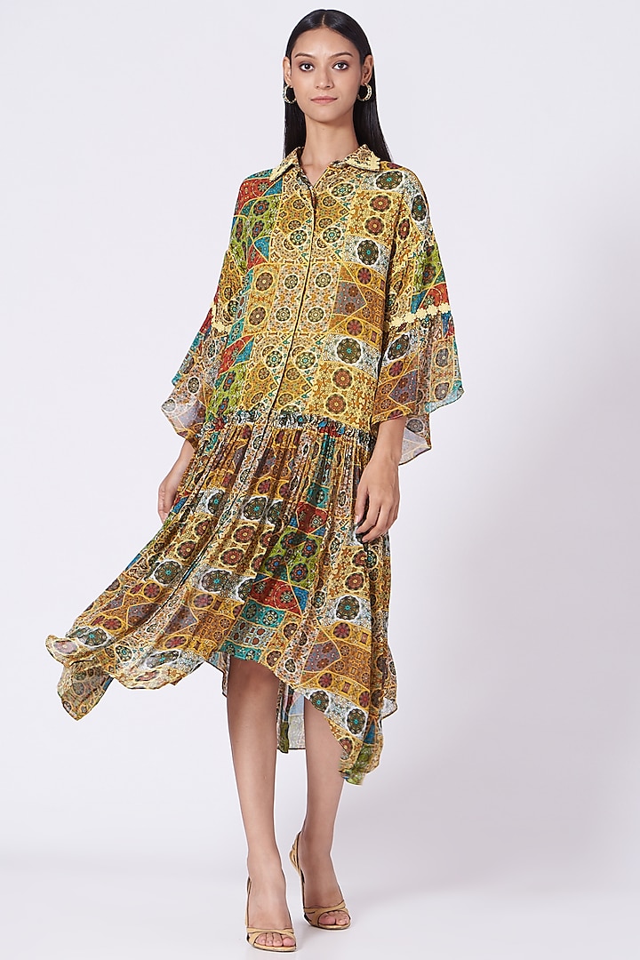 Yellow Geometric Printed Tiered Dress by Varun Bahl Pret at Pernia's Pop Up Shop