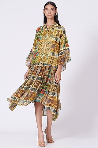 Yellow Geometric Printed Tiered Dress by Varun Bahl Pret