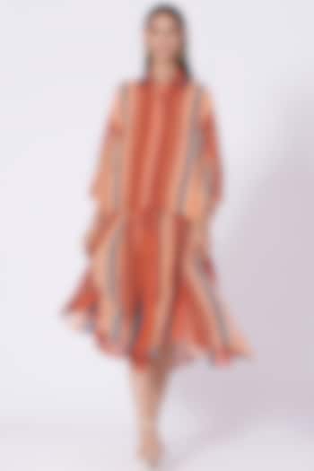 Burnt Orange Printed Tiered Dress by Varun Bahl Pret