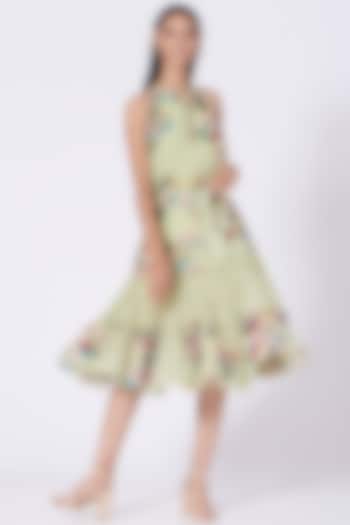 Mint Green Color Blocked Printed Dress by Varun Bahl Pret