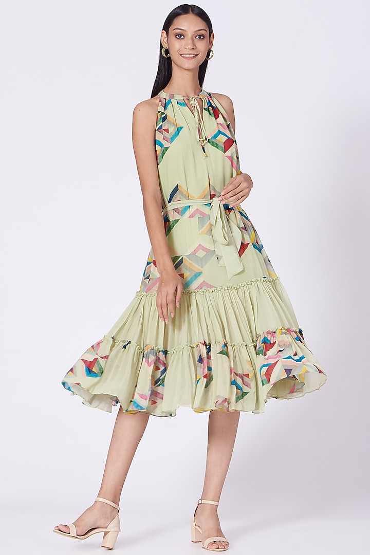 Mint Green Color Blocked Printed Dress by Varun Bahl Pret