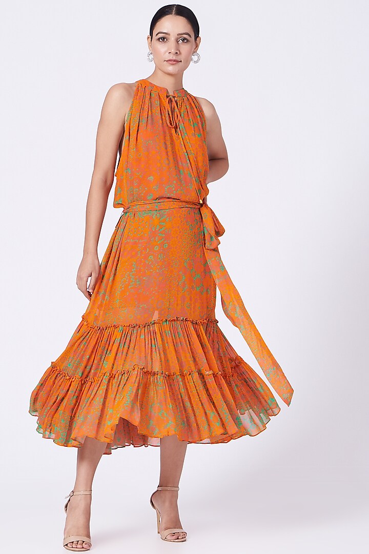 Tangerine Printed Halter Dress by Varun Bahl Pret