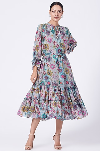 Powder Blue Printed Tiered Dress by Varun Bahl Pret