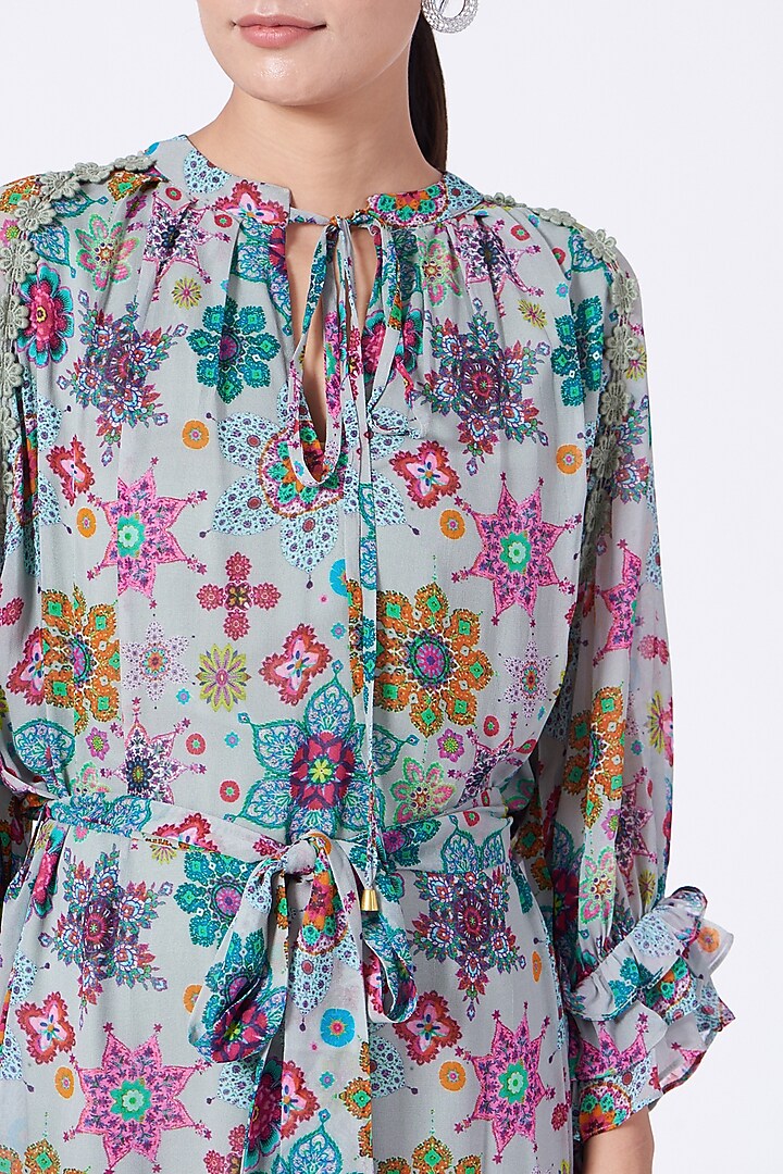 Powder Blue Printed Tiered Vacation Dress by Varun Bahl Pret at Pernia's Pop Up Shop