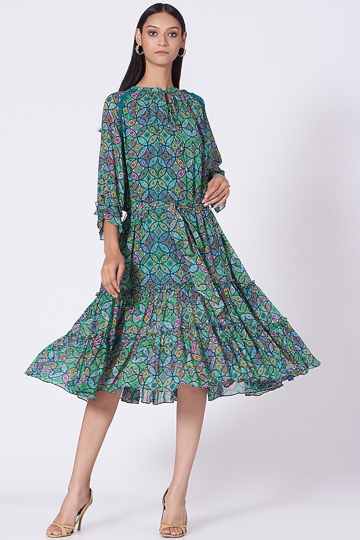 Turquoise Geometric Printed Tiered Dress by Varun Bahl Pret
