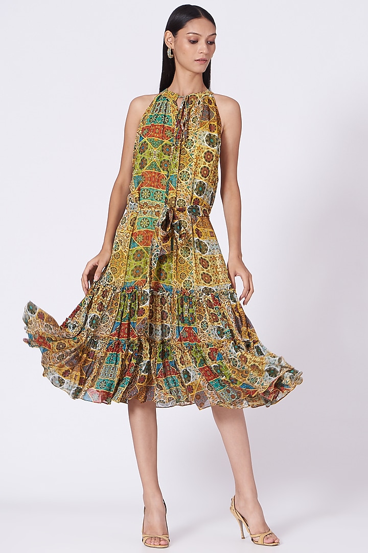 Yellow Geometric Printed Dress by Varun Bahl Pret