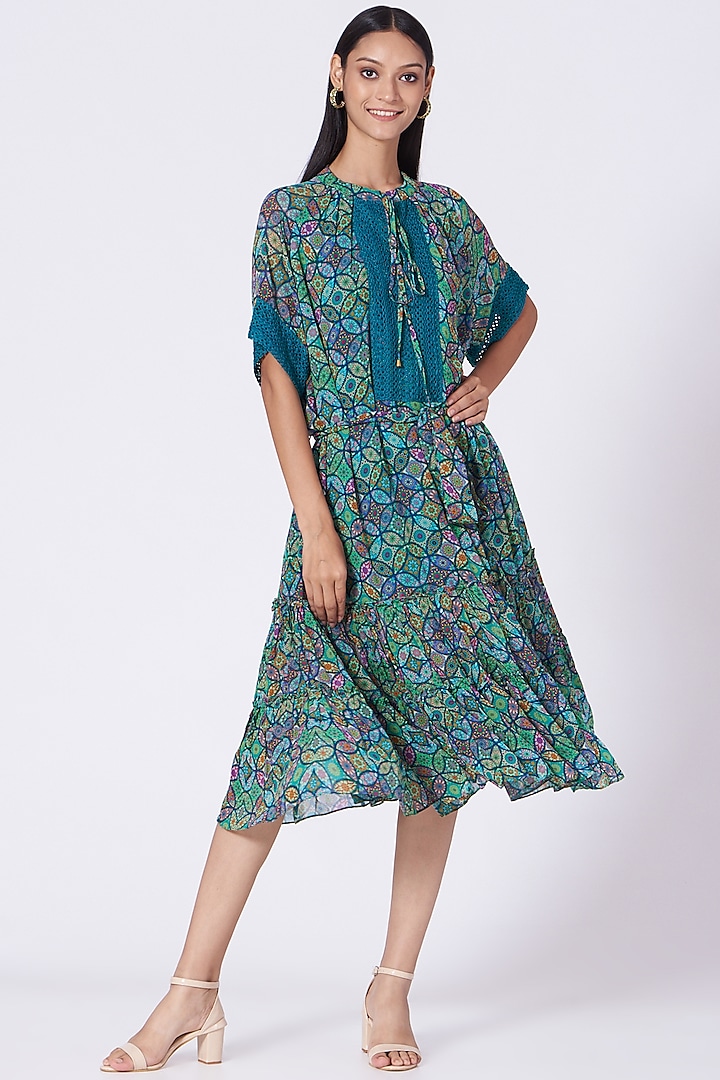 Turquoise Geometric Printed Dress by Varun Bahl Pret