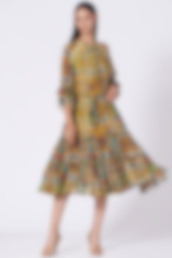 Yellow Geometric Printed Two Tiered Dress by Varun Bahl Pret