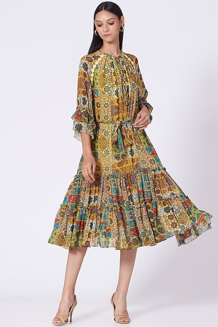 Yellow Geometric Printed Two Tiered Dress by Varun Bahl Pret