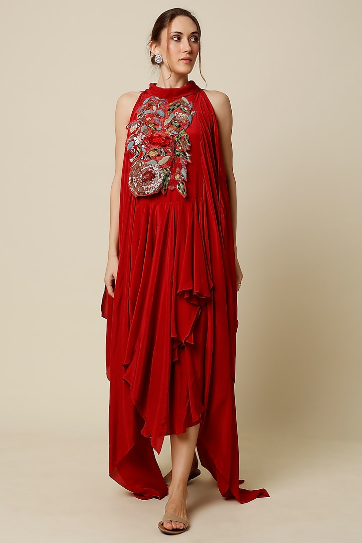 Maroon Embroidered Layered Dress by Varun Bahl