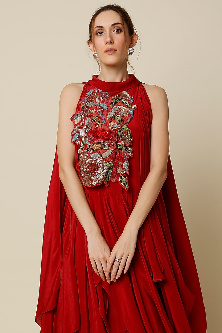 Maroon Embroidered Layered Party Wear Dress by Varun Bahl at Pernia's Pop Up Shop