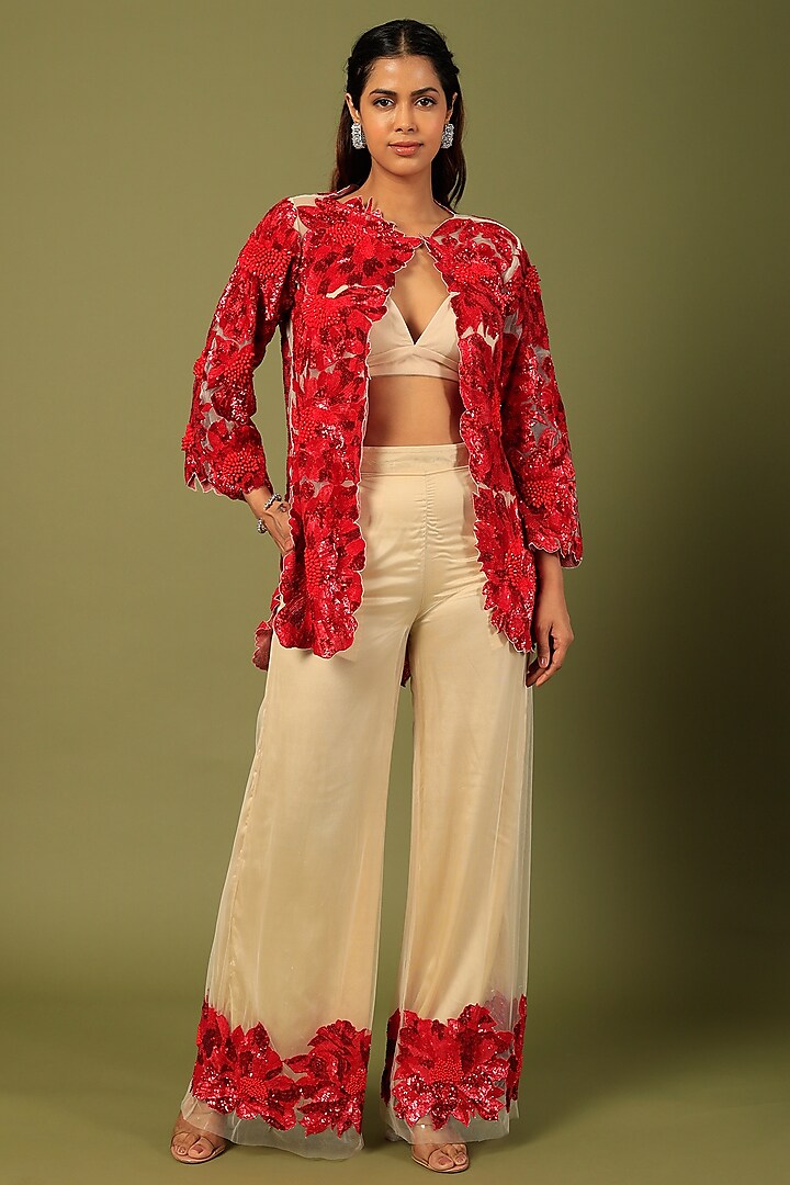 Red Embroidered Jacket Set by Varun Bahl