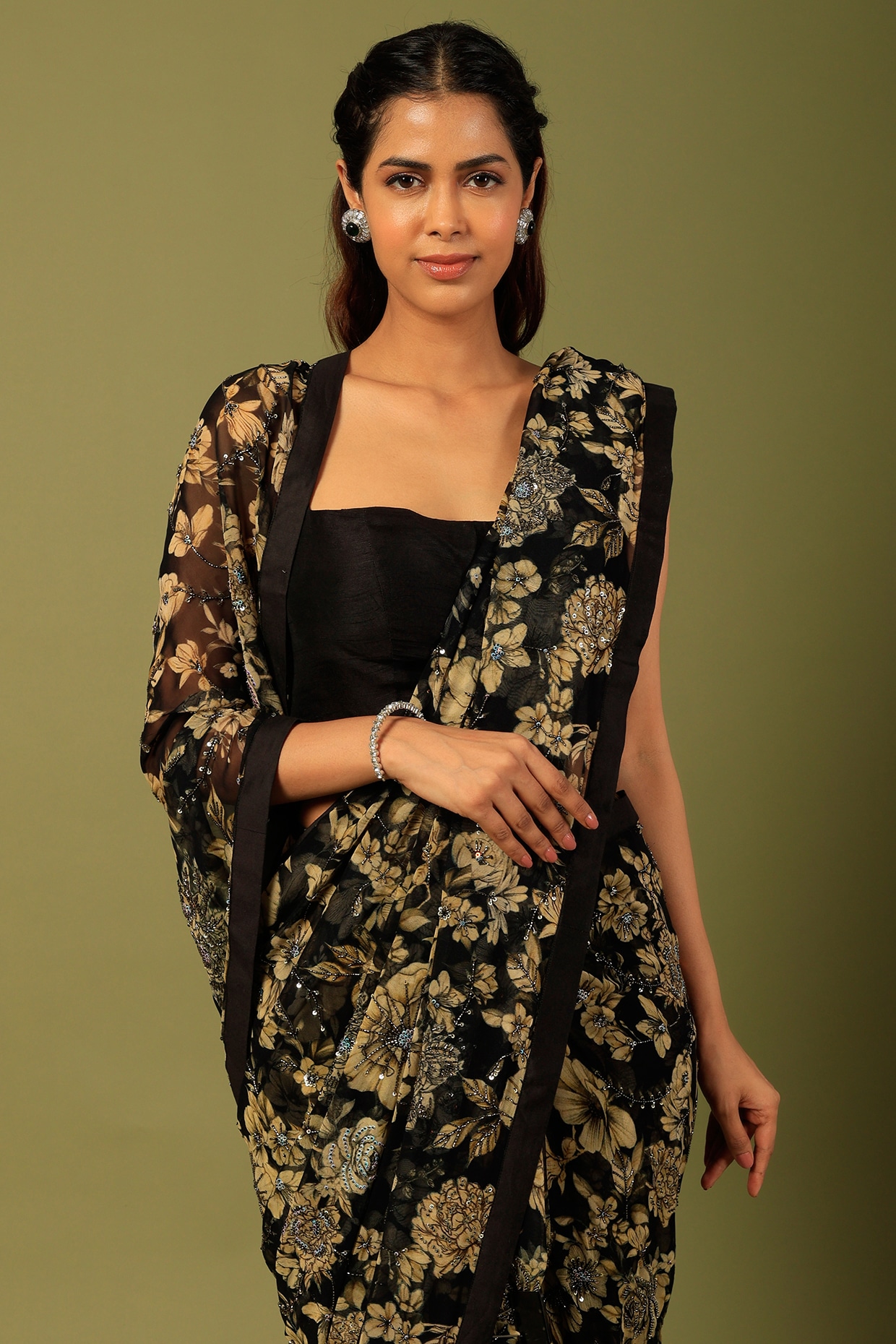 Buy Anand Sarees Floral Print Daily Wear Georgette Black Sarees Online @  Best Price In India | Flipkart.com