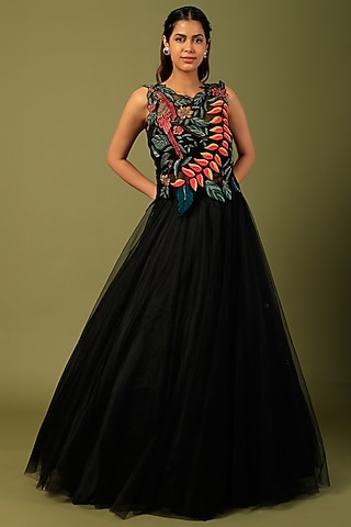 Black Mono Net Skirt Set by Varun Bahl