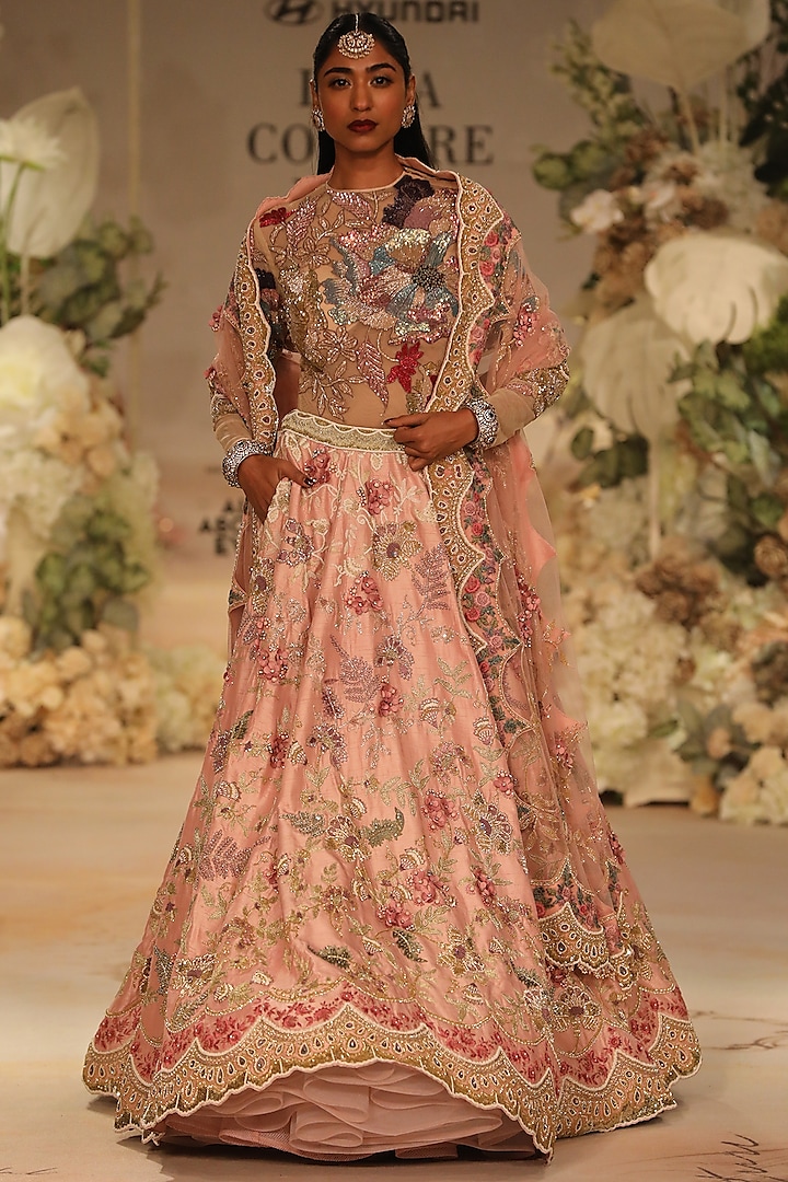 Petal Pink Dupion Silk Sequins & Crystal Embellished Bridal Lehenga Set by Varun Bahl at Pernia's Pop Up Shop